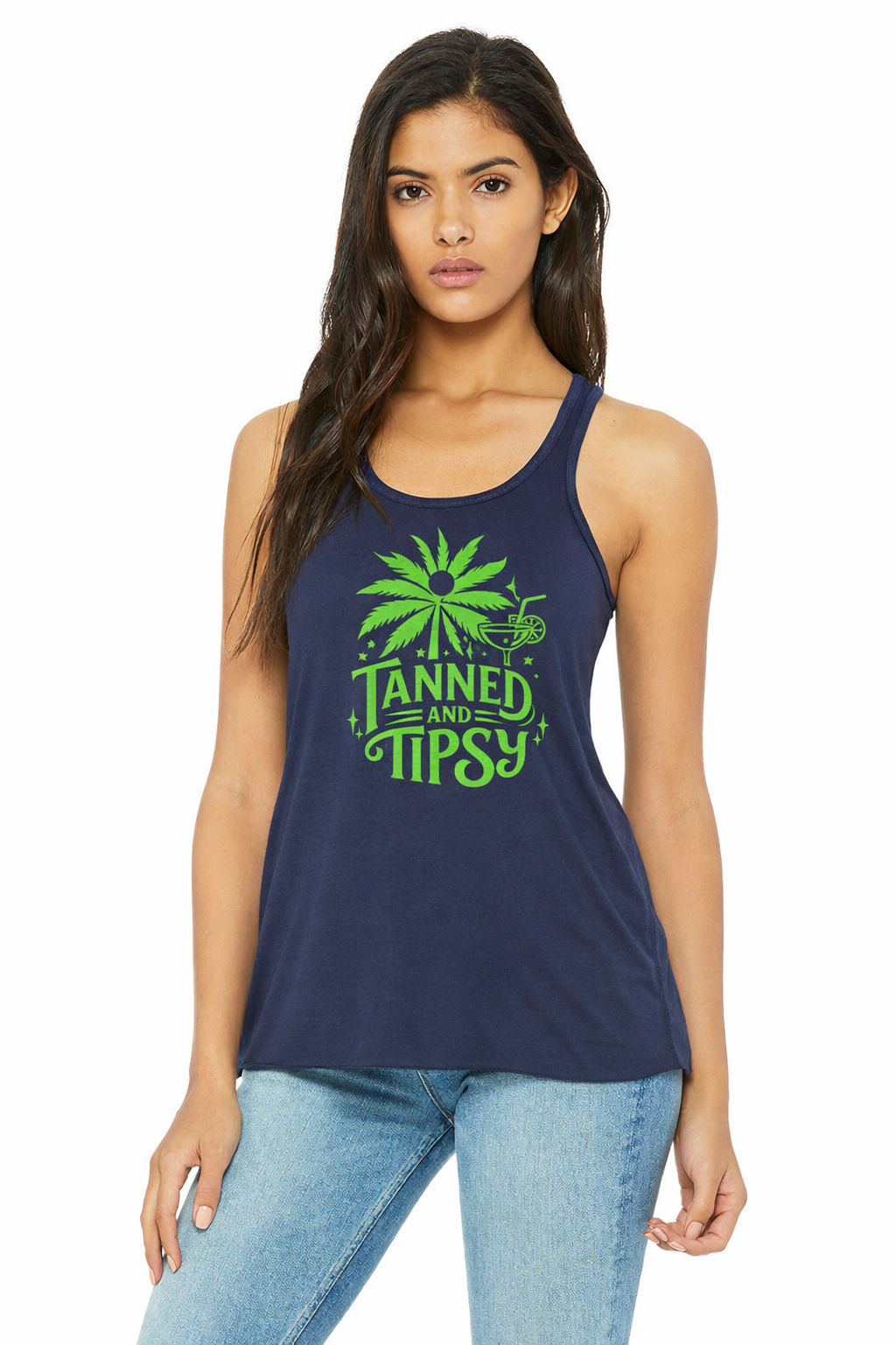 Tanned & Tipsy Racerback Tank (Green Print)