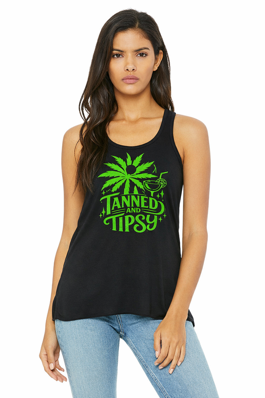Tanned & Tipsy Racerback Tank (Green Print)