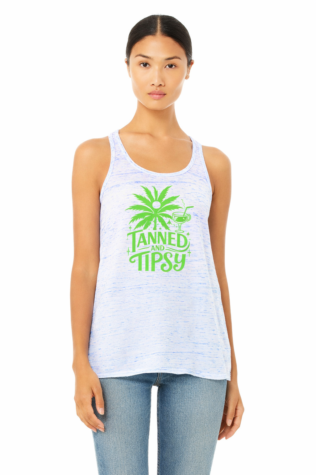 Tanned & Tipsy Racerback Tank (Green Print)