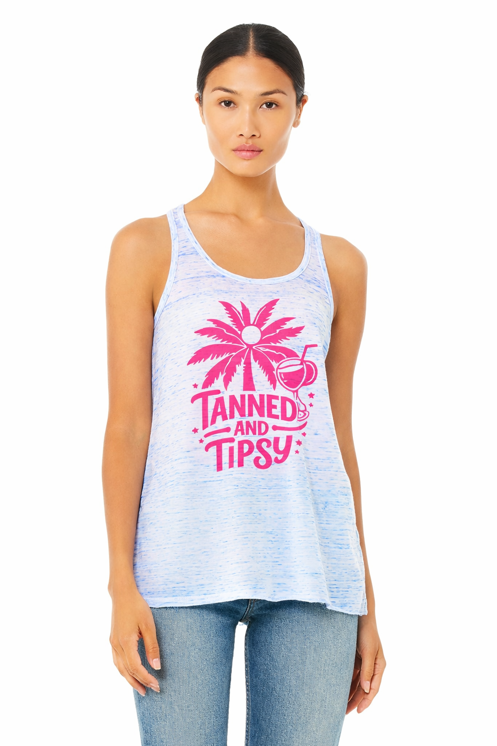 Tanned & Tipsy Racerback Tank (Pink Print)