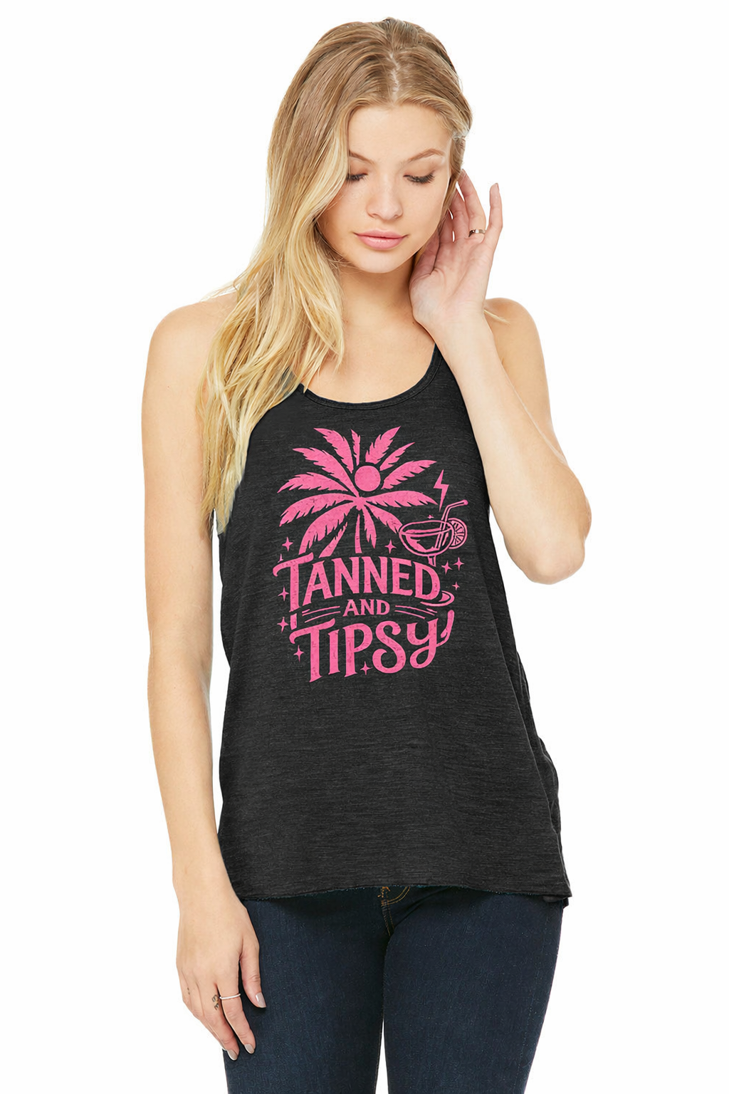 Tanned & Tipsy Racerback Tank (Pink Print)