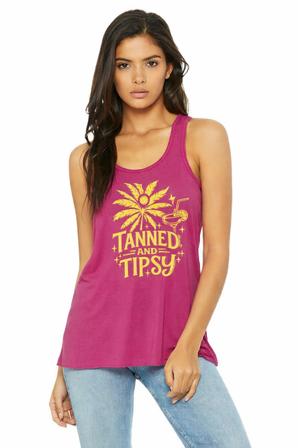Tanned & Tipsy Racerback Tank (Yellow Print)