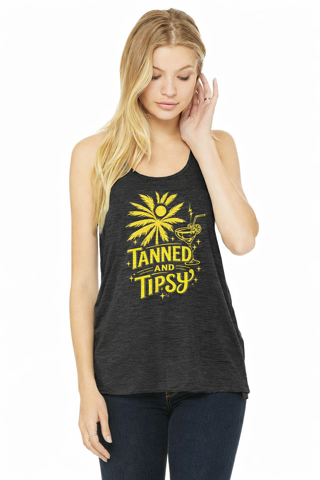 Tanned & Tipsy Racerback Tank (Yellow Print)