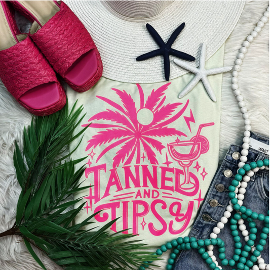 Tanned & Tipsy Tee (Pink Print)