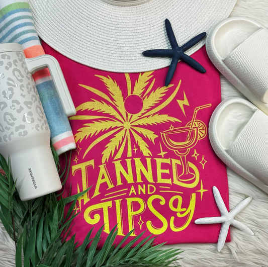 Tanned & Tipsy Tee (Yellow Print)